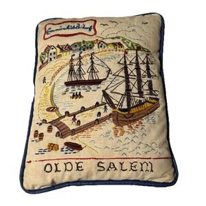 Vintage Needlework "Olde Salem" Wharf Throw Pillow Home Decor